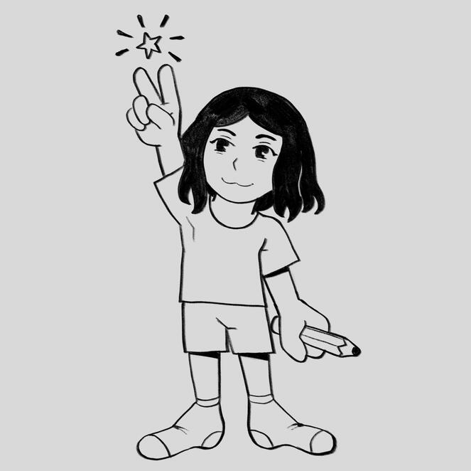 Lineart doodle of a person standing doing a peace sign in the air with one hand and holding a pencil in the other. The hand doing the peace sign has a star floating above it.